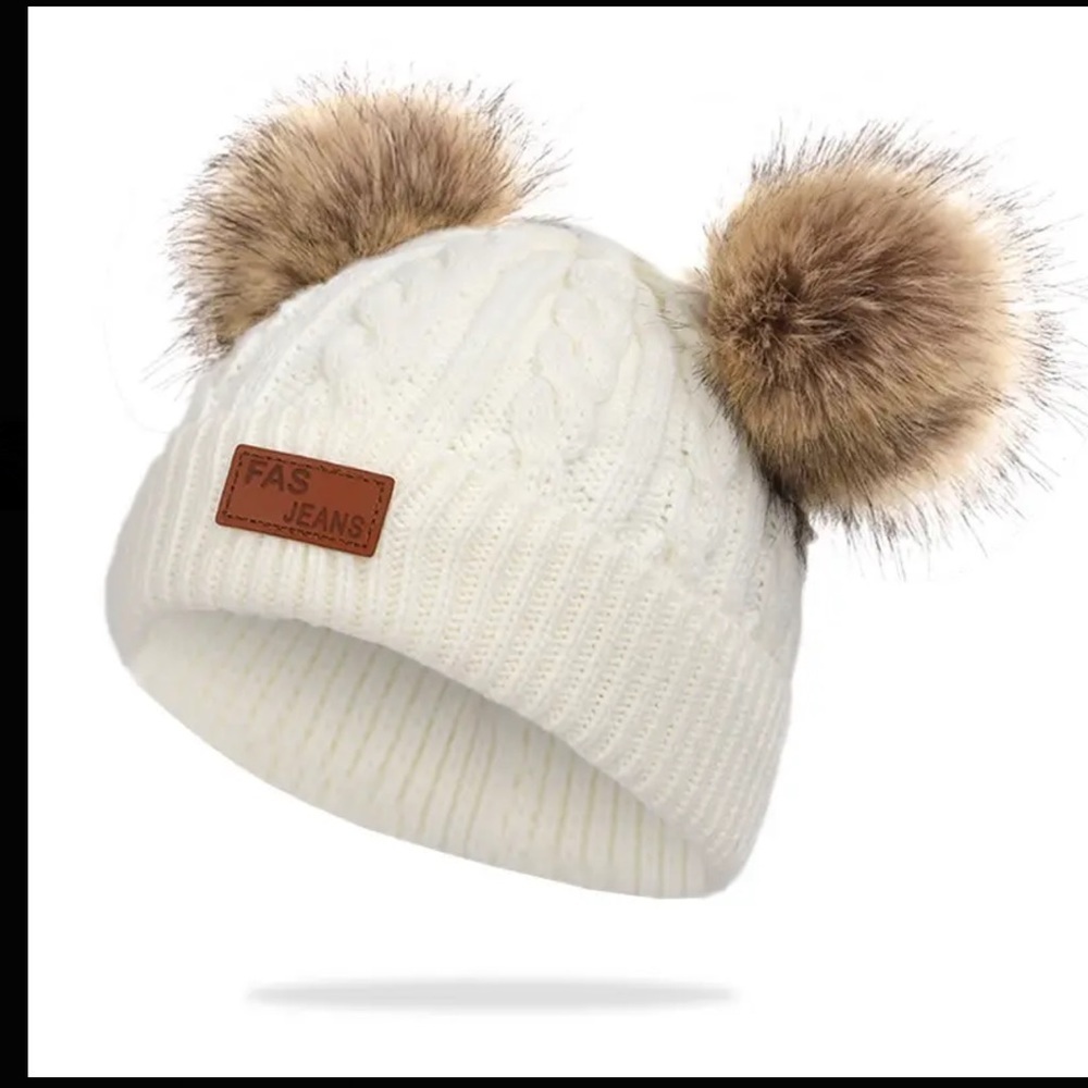 White Knit Hat with Faux Fur Pom Poms